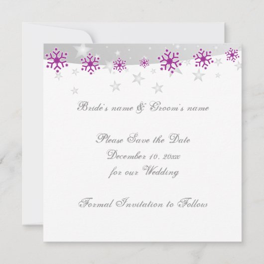 Paarse zilvergrijze sneeuwvlokbruiloft Bespaar de Save The Date (Achterkant)