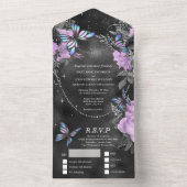 Paarse zilvervlinder met zwarte roos all in one uitnodiging (Binnen)