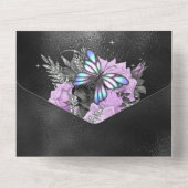 Paarse zilvervlinder met zwarte roos all in one uitnodiging (Achterkant)