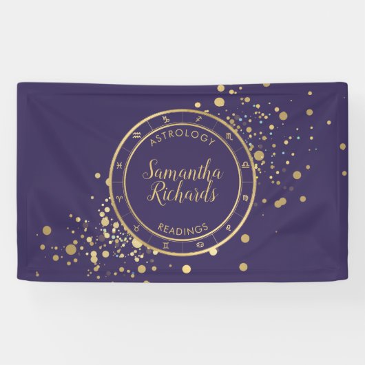 Paarse Zodiac Astrologie Gouden Sterren Spandoek (Horizontaal)