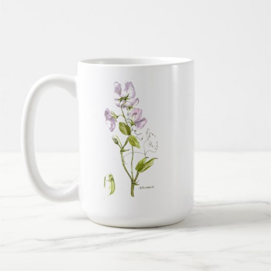 Paarse zoete peulbloem en gezegde koffiemok (Links)