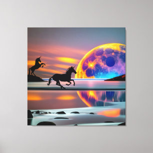 Paarse zon, eenhoorns, volle maan op het strand canvas afdruk