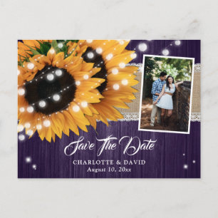 Paarse Zonnebloem Save The Date Foto Ansichtkaarte Aankondigingskaart