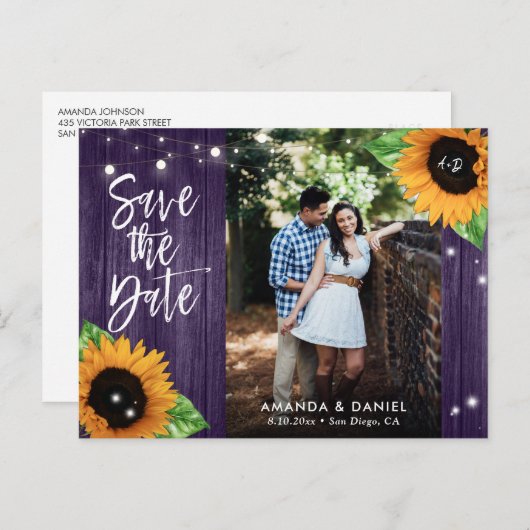 Paarse Zonnebloem Save The Date Postkaart met Rust Aankondigingskaart (Voorkant / Achterkant)