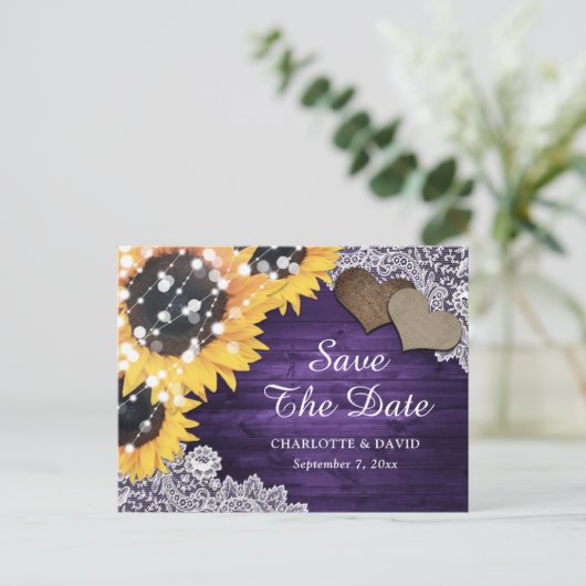Paarse Zonnebloem Weddenschap bespaart de datum Aankondigingskaart (Staand voorkant)