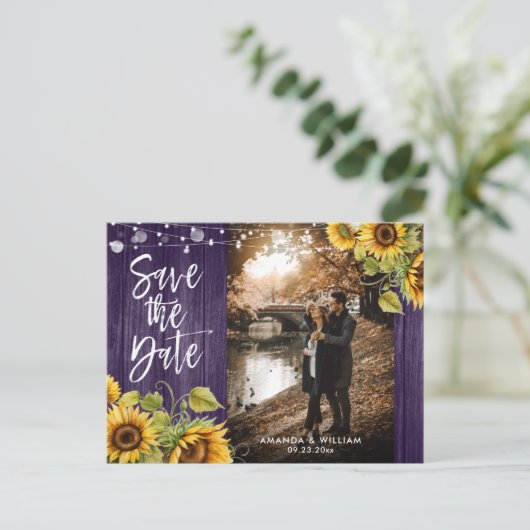 Paarse Zonnebloem Weduwfoto sparen de datum Aankondigingskaart (Staand voorkant)