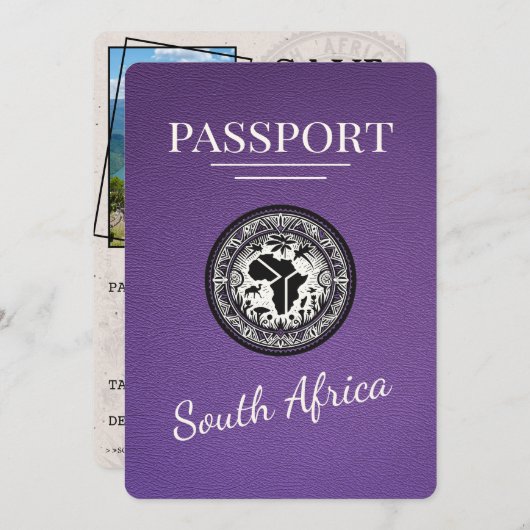 Paarse Zuid-Afrika paspoort Save The Date (Voorkant / Achterkant)