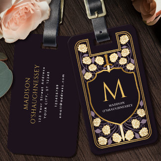 Paarse Zwaardschild Middeleeuwse Fantasy Monogram Bagagelabel