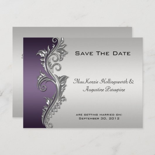 Paarse Zwart en Zilver Bewaar De Datum #2 Aankondigingskaart (Voorkant / Achterkant)