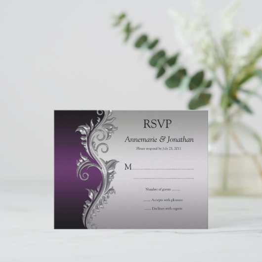  Paarse Zwart en Zilver  Swirls RSVP (Staand voorkant)