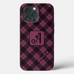 Paarse Zwart Plaid Pas Naam aan iPhone 13 Pro Hoesje