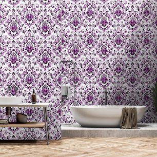 Paarse Zwart Wit Damask Bloemschil en stok Behang