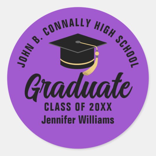 Paarse zwarte Afstuderen aangepaste afstudeerfeest Ronde Sticker (Voorkant)