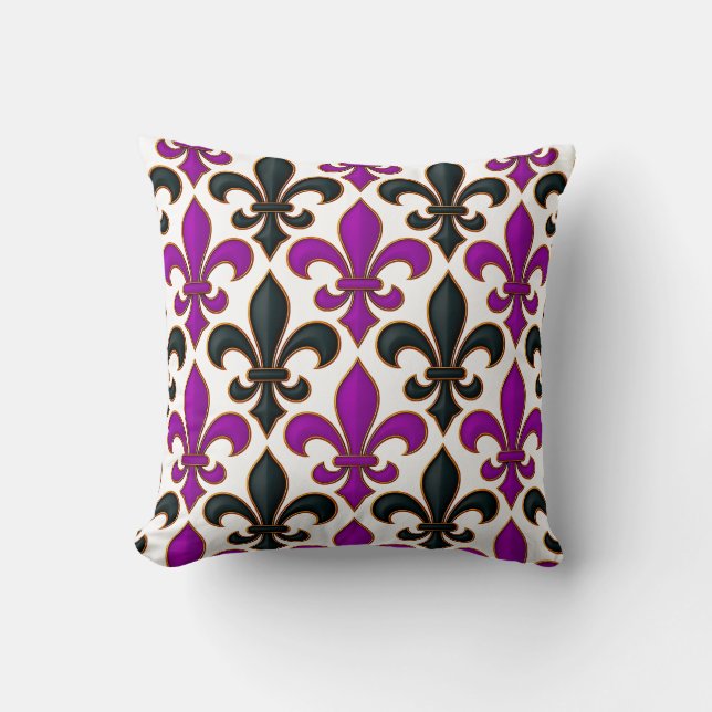 Paarse Zwarte Barok Fleur-de-lis Patroon Ontwerp  Kussen (Voorkant)