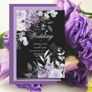Paarse & Zwarte Bloemen Moderne Huwelijksuitnodigi Kaart