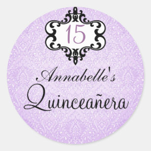 Paarse & Zwarte Chic Damast Quinceañera Sticker