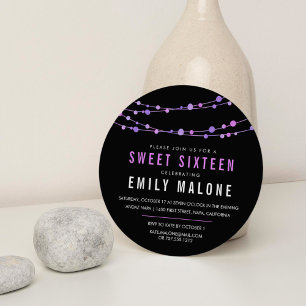 Paarse & Zwarte Confetti Garland Sweet Sixteen Kaart
