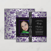 Paarse Zwarte Damask Foto Sweet 16 Party Kaart (Voorkant / Achterkant)