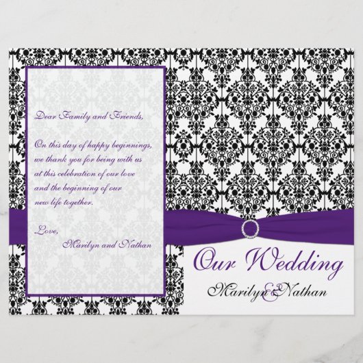 Paarse, zwarte en witte Damask Wedding Program II (Voorkant)