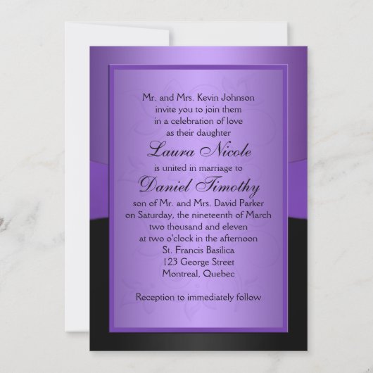 Paarse, zwarte Floral Monogram Weddenschap Kaart (Achterkant)