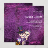 Paarse zwarte gothic Skeleton Halloween Wedding Kaart (Voorkant / Achterkant)