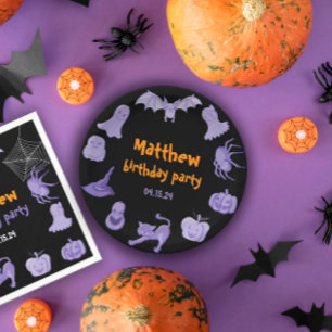 Paarse zwarte Halloween verjaardagsfeestje Papiere Papieren Bordje