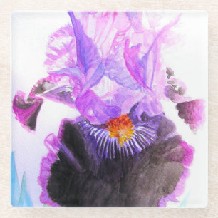 Paarse Zwarte Iris Waterverf Bloem Bloemstuk Glazen Onderzetter