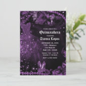 Paarse zwarte jurk Masquerade Quinceañera 15 Party Kaart (Staand voorkant)