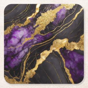 Paarse zwarte marmeren patroon met goud vierkante kartonnen onderzetter