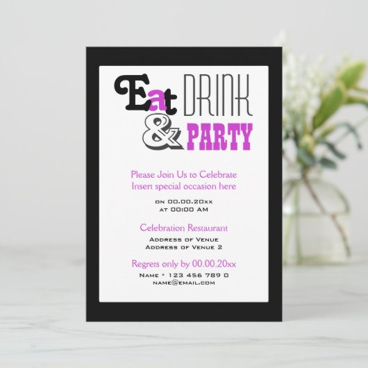 Paarse zwarte partij "eet drink en" stijlvol kaart (Staand voorkant)