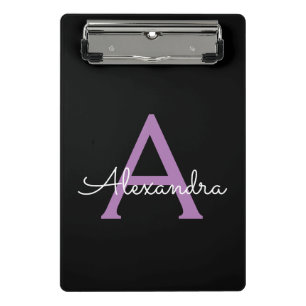 Paarse Zwarte Script Meisjesachtig Monogram Naam Mini Klembord