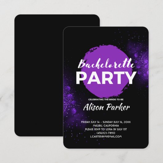 Paarse zwarte vrijgezellenfeest kaart (Voorkant / Achterkant)