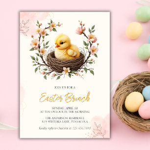 Paas Baby Chick Geel Roze Bloemen Krans Brunch Kaart