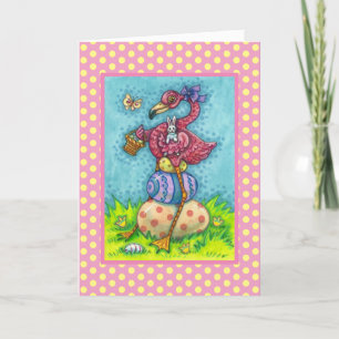 PAAS EIEREN EN ZOEKE BABY ROZE FLAMINGO MET KONIJN FEESTDAGEN KAART