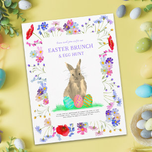 Paas Eieren Jacht Lente Brunch Cute Konijn Bloemen Uitnodiging Briefkaart