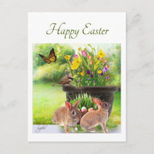 Paas Konijn en Lente Bloemen Ansichtkaart Briefkaart