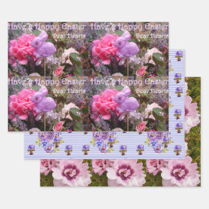 Paas Konijn Poppy Pansy Roos Paars Shabby Inpakpapier Vel
