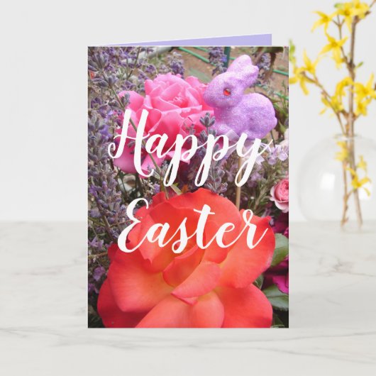 Paas Konijn Tuin Rood Roze Roos Lente bloem Kaart (Gele Bloem)