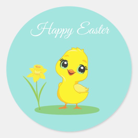 Paas Kuiken met Bloem op Teal Ronde Sticker (Voorkant)