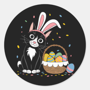 Paas Zwarte Kat Tuxedo Konijn Bunny Oren Eieren Ronde Sticker