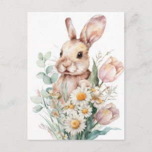 Paasansichtkaart met bloemen en paashaas briefkaart