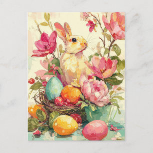 Paasansichtkaart met Bloemen en Paashaas Briefkaart