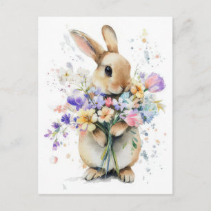 Paasansichtkaart met bloemen en paashaas briefkaart