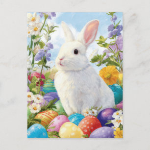 Paasansichtkaart met bloemen en paashaas briefkaart