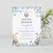 Paasbrunch & Egg Hunt Schattige Blauw Floral Bunny Kaart (Staand voorkant)