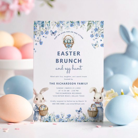 Paasbrunch & Egg Hunt Schattige Blauw Floral Bunny Kaart