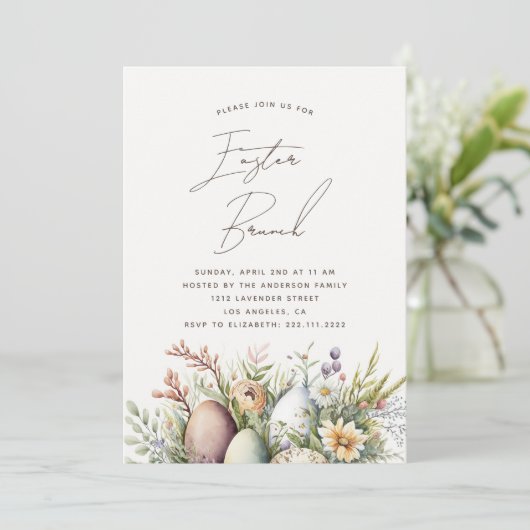 Paasbrunch. Elegant waterverf flora en ei Feestdagenkaart (Staand voorkant)