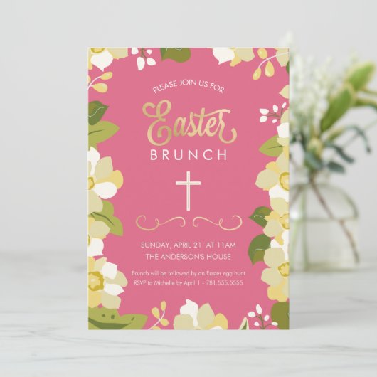 Paasbrunch uitnodiging met bloemen en gouden accen (Staand voorkant)