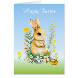 Paasbunny, bloemen en gouden eieren op lichtblauw