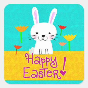 Paasbunny en Tulps "Happy Easter"-stickers Vierkante Sticker